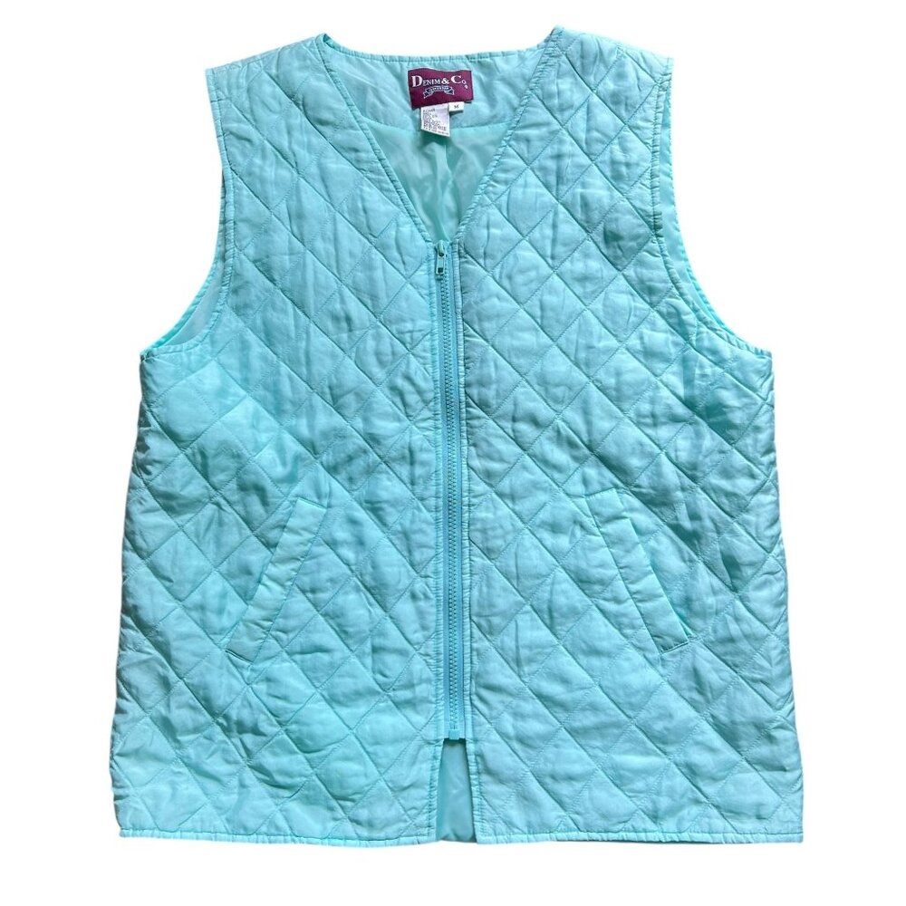 Denim & Co Quilted Silk Vest M Blue Puffer Sleeveless Pockets Full Zip